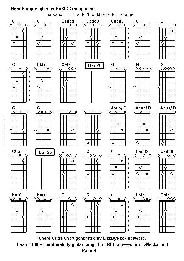 Chord Grids Chart of chord melody fingerstyle guitar song-Hero-Enrique Iglesias-BASIC Arrangement,generated by LickByNeck software.